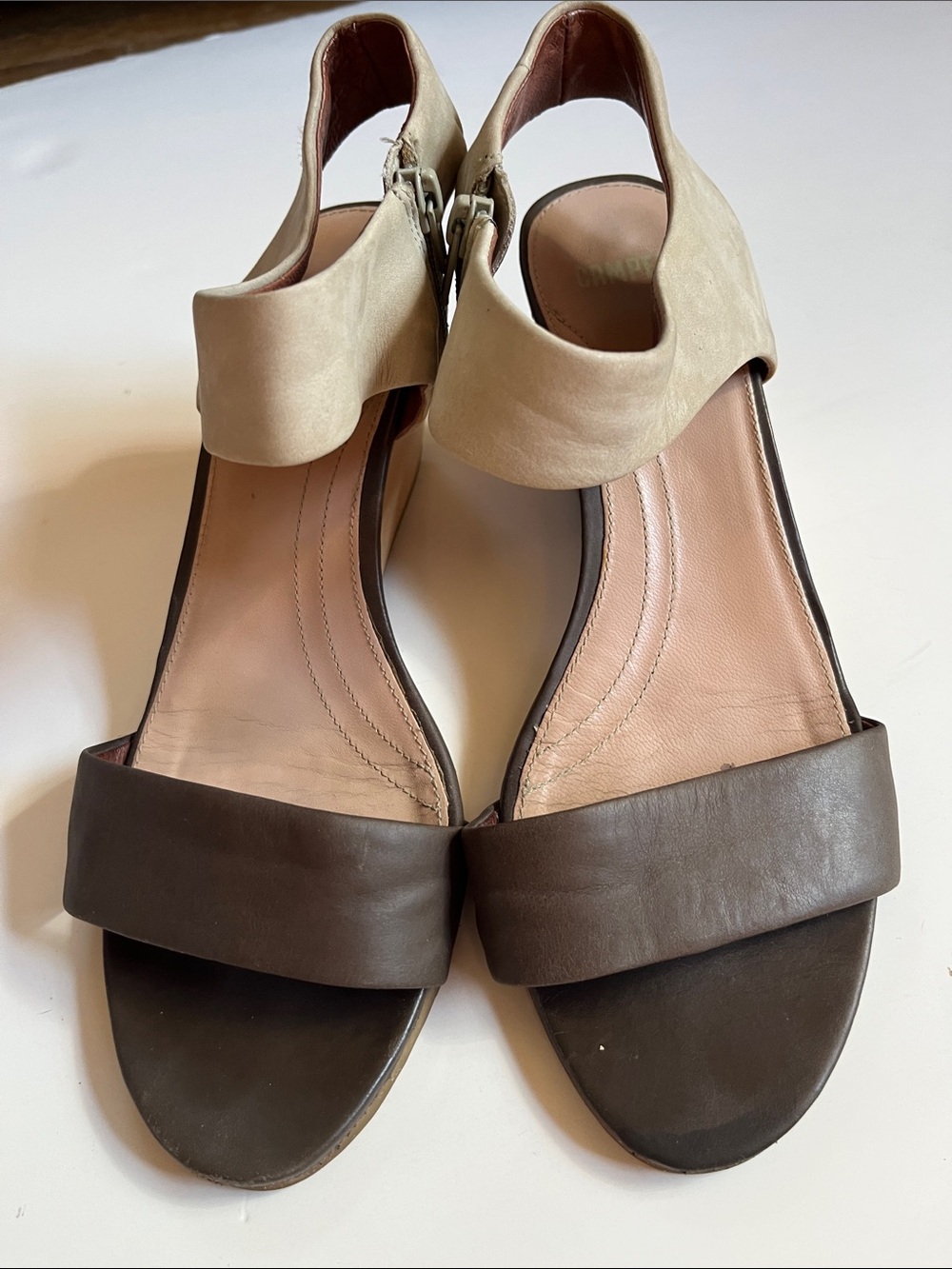 Camper Cream and Brown Sandals with Two-Strap Design.  EUR 41; US 10 W